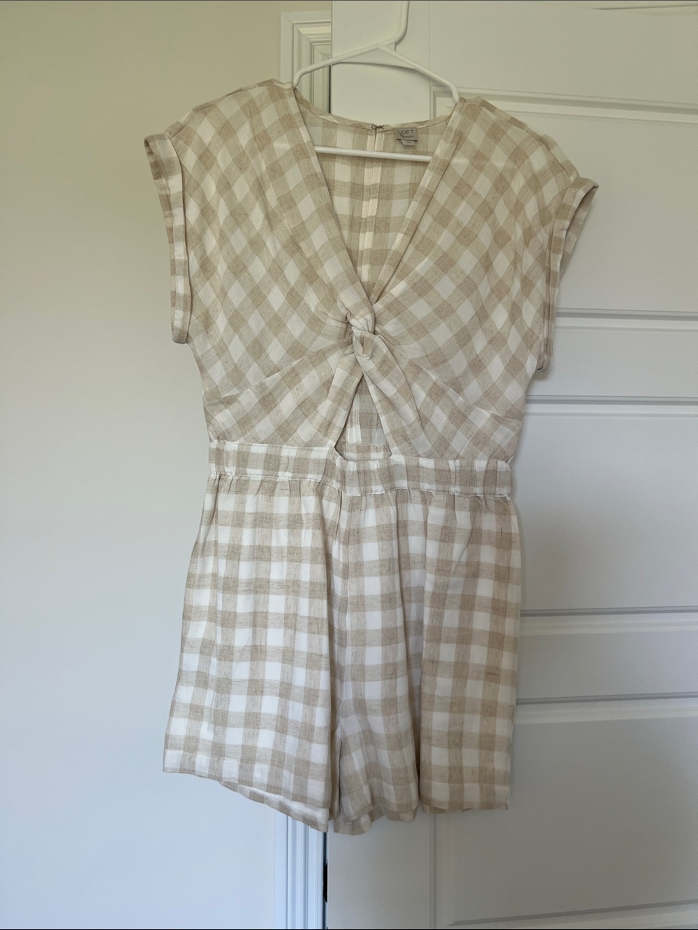 LOFT Beige Gingham Knot-Front Swim Coverup